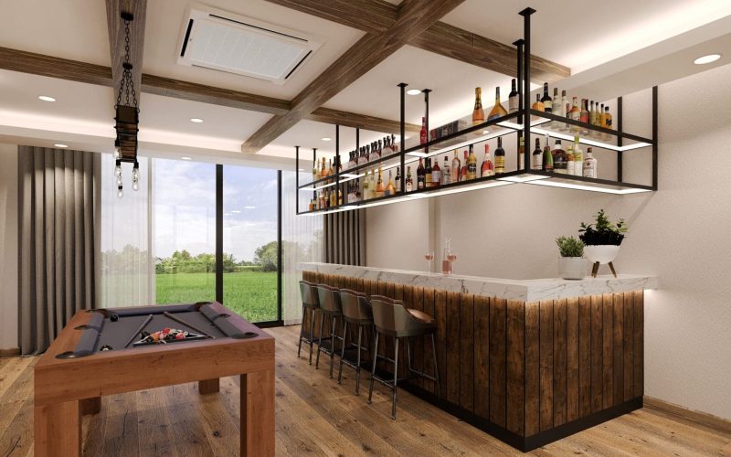 pool table with counter bar in relax room, 3d rendering