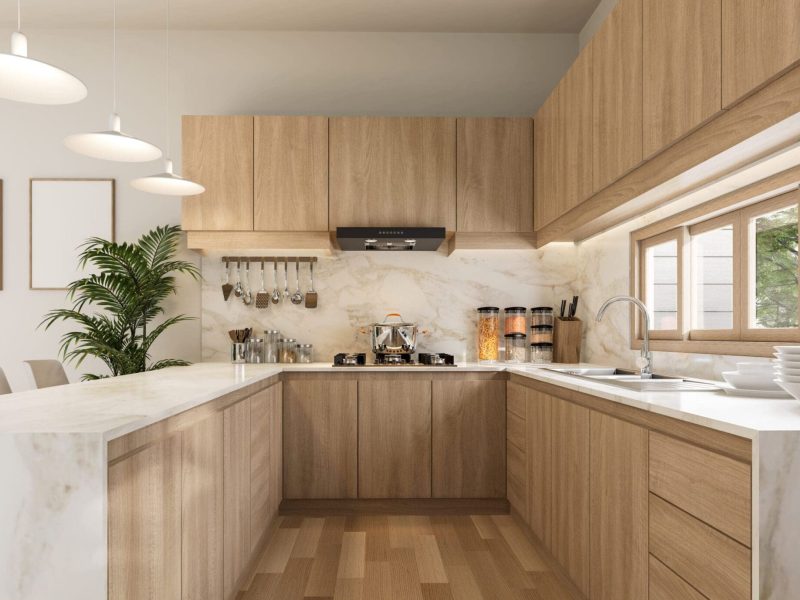 Modern luxury contemporary style u shape kitchen counter design idea 3d render there are wooden cabinet with white marble top and long wooden window with nature view